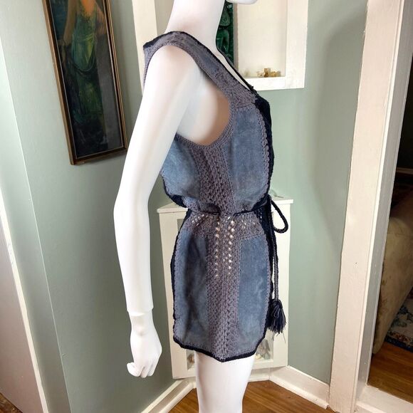 Vintage 70s Suede Leather Crochet M Patchwork Vest Gilet Rochelle California - Picture 3 of 15